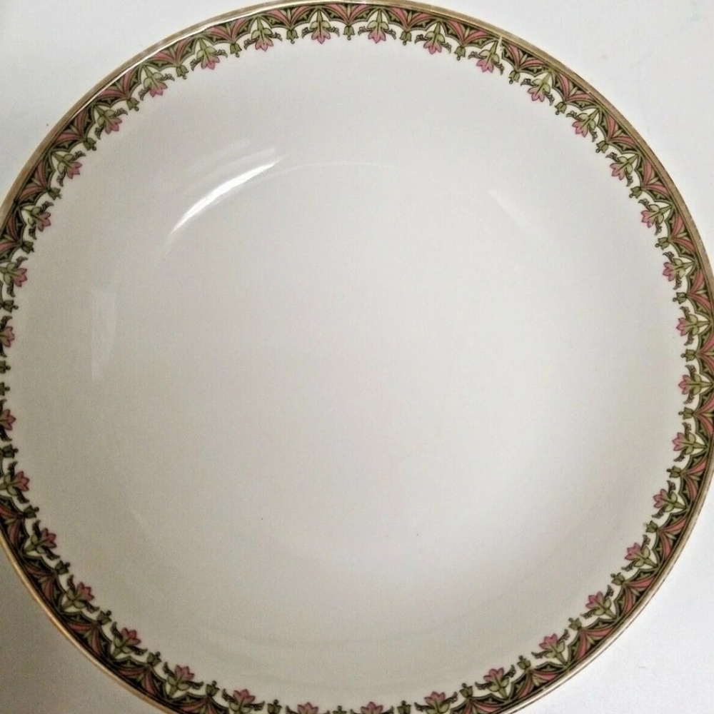 Charles Ahrenfeldt Pink& Green Scroll Edge Soup Bowl Floral/ Gold Trim Set of 3